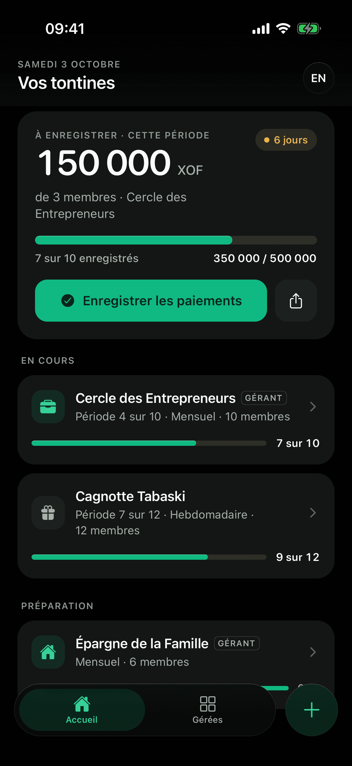L'écran d'accueil de Natt montrant une tontine en cours
