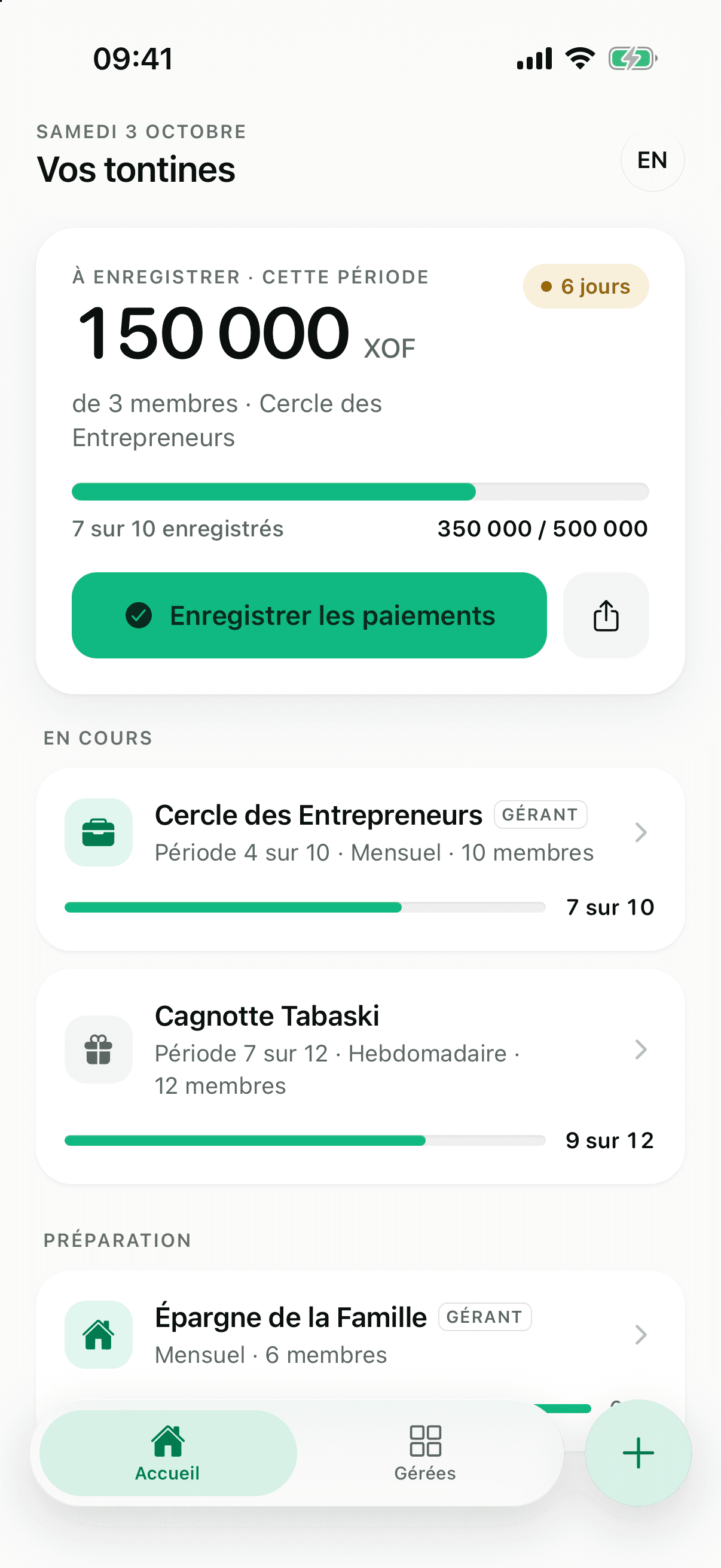L'écran d'accueil de Natt montrant une tontine en cours